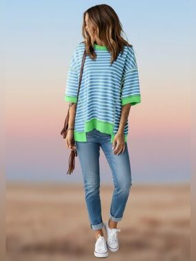 💜 Striped Blue & Lime Relaxed Top • EUC (worn once)